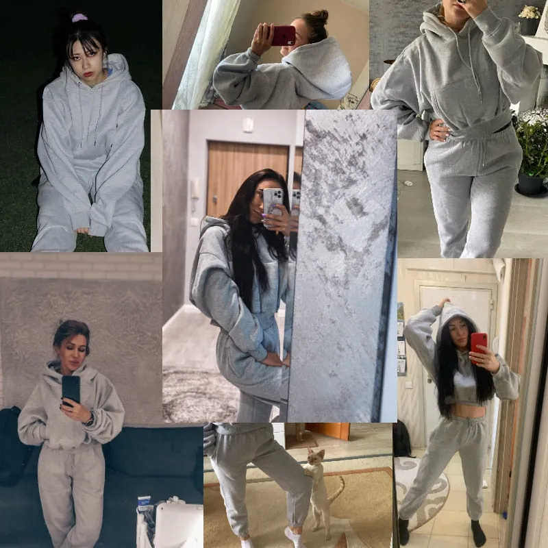 Women Hoodies Suit Solid Casual Tracksuit Velvet 2 Pcs Set Sports Sweatshirts