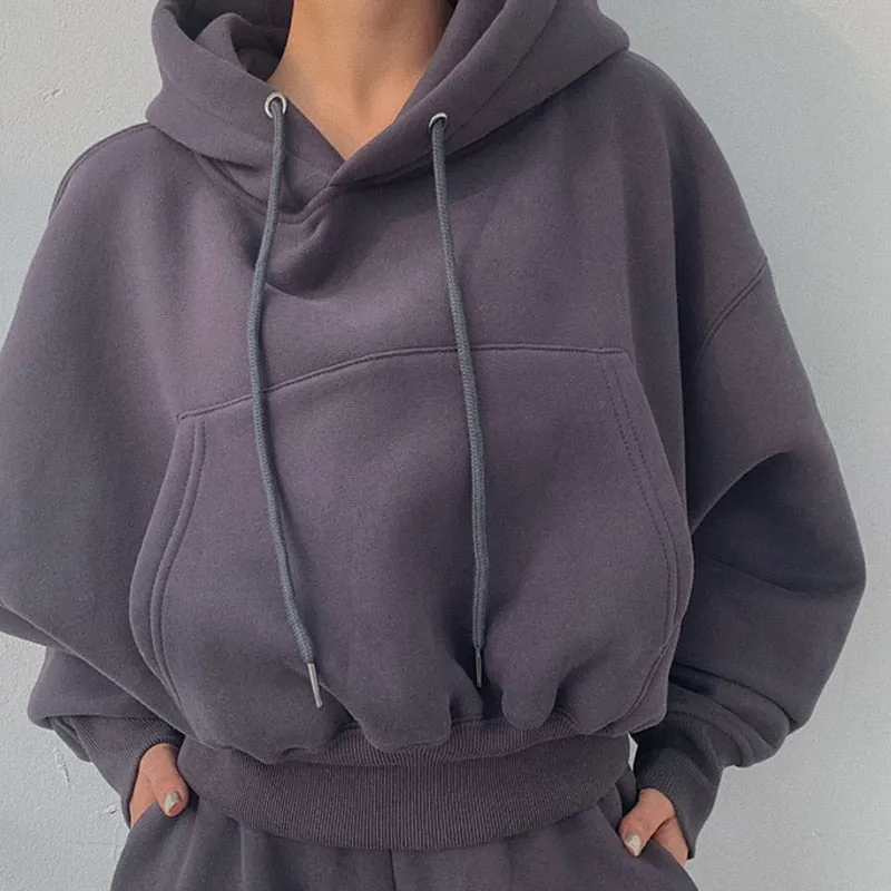 Women Hoodies Suit Solid Casual Tracksuit Velvet 2 Pcs Set Sports Sweatshirts