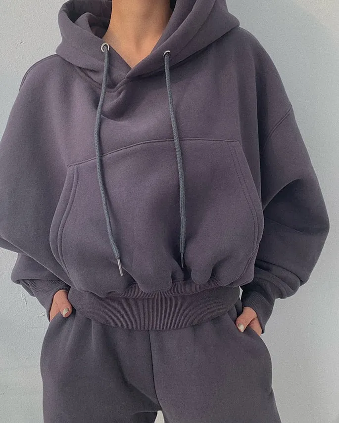 Women Hoodies Suit Solid Casual Tracksuit Velvet 2 Pcs Set Sports Sweatshirts