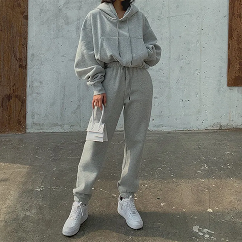 Women Hoodies Suit Solid Casual Tracksuit Velvet 2 Pcs Set Sports Sweatshirts
