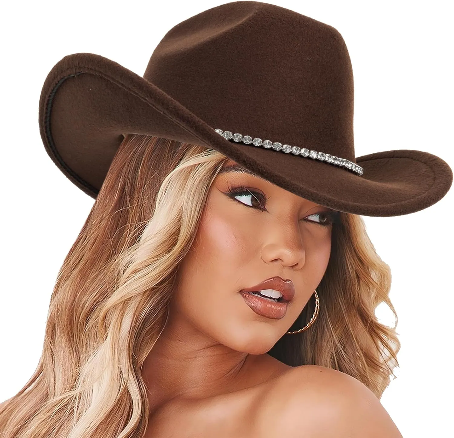 Women Sparkly-Rhinestone Western-Cowgirl-Hat Glitter-Bling Cowboy-Hat Felt-Rodeo-Hat for Disco-Party Medium/Large
