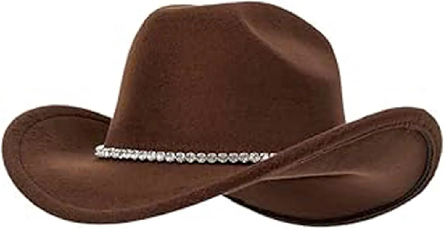 Women Sparkly-Rhinestone Western-Cowgirl-Hat Glitter-Bling Cowboy-Hat Felt-Rodeo-Hat for Disco-Party Medium/Large