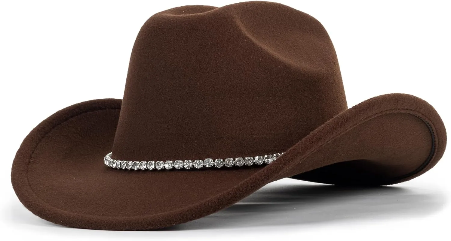 Women Sparkly-Rhinestone Western-Cowgirl-Hat Glitter-Bling Cowboy-Hat Felt-Rodeo-Hat for Disco-Party Medium/Large