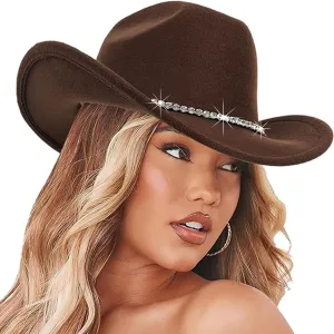 Women Sparkly-Rhinestone Western-Cowgirl-Hat Glitter-Bling Cowboy-Hat Felt-Rodeo-Hat for Disco-Party Medium/Large