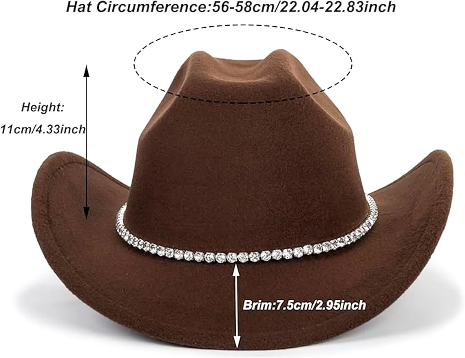 Women Sparkly-Rhinestone Western-Cowgirl-Hat Glitter-Bling Cowboy-Hat Felt-Rodeo-Hat for Disco-Party Medium/Large
