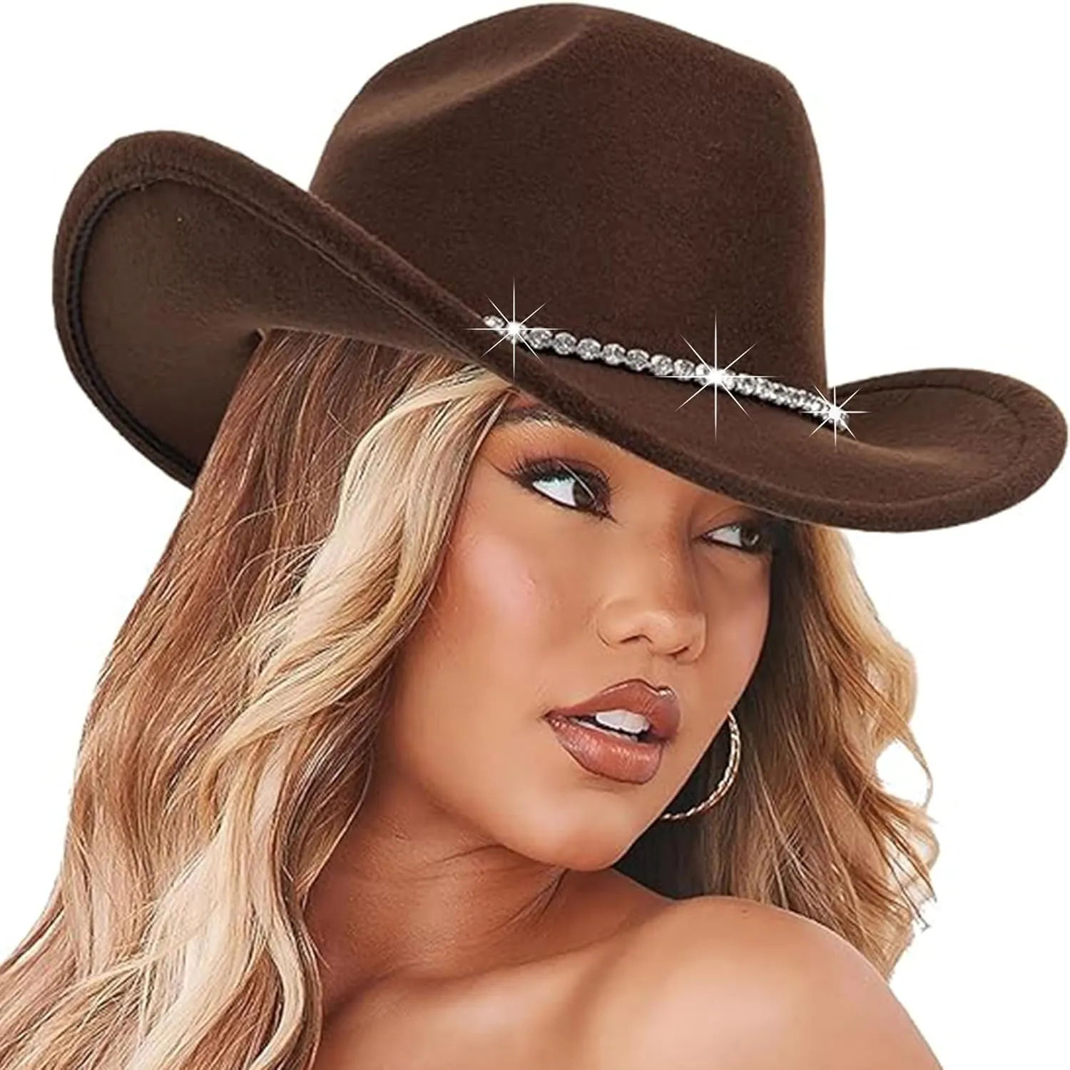 Women Sparkly-Rhinestone Western-Cowgirl-Hat Glitter-Bling Cowboy-Hat Felt-Rodeo-Hat for Disco-Party Medium/Large