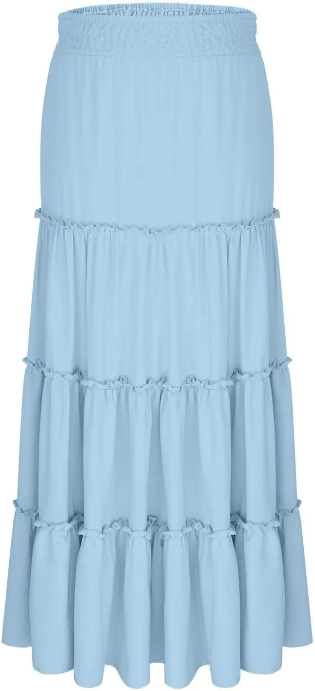 Women Summer Boho Maxi Skirts Flowy Swing Tiered Ruffle A-Line Beach Skirt Smocked Elastic High Waist Pleated Dress