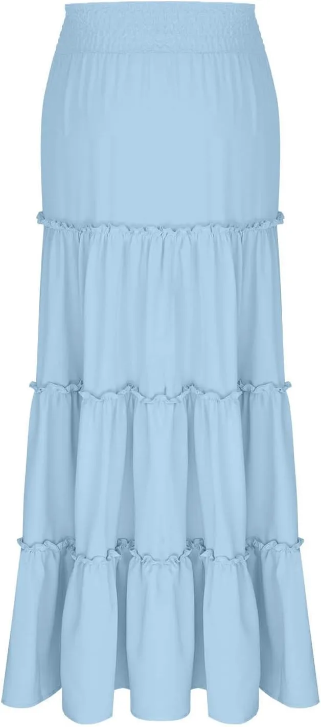 Women Summer Boho Maxi Skirts Flowy Swing Tiered Ruffle A-Line Beach Skirt Smocked Elastic High Waist Pleated Dress
