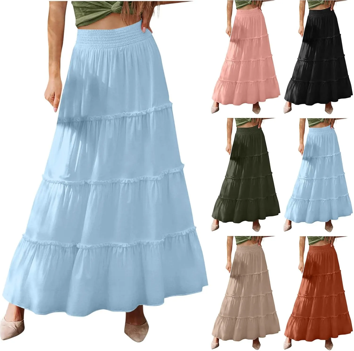 Women Summer Boho Maxi Skirts Flowy Swing Tiered Ruffle A-Line Beach Skirt Smocked Elastic High Waist Pleated Dress