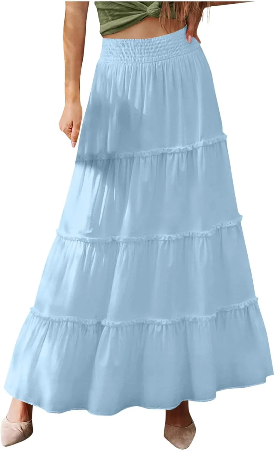 Women Summer Boho Maxi Skirts Flowy Swing Tiered Ruffle A-Line Beach Skirt Smocked Elastic High Waist Pleated Dress