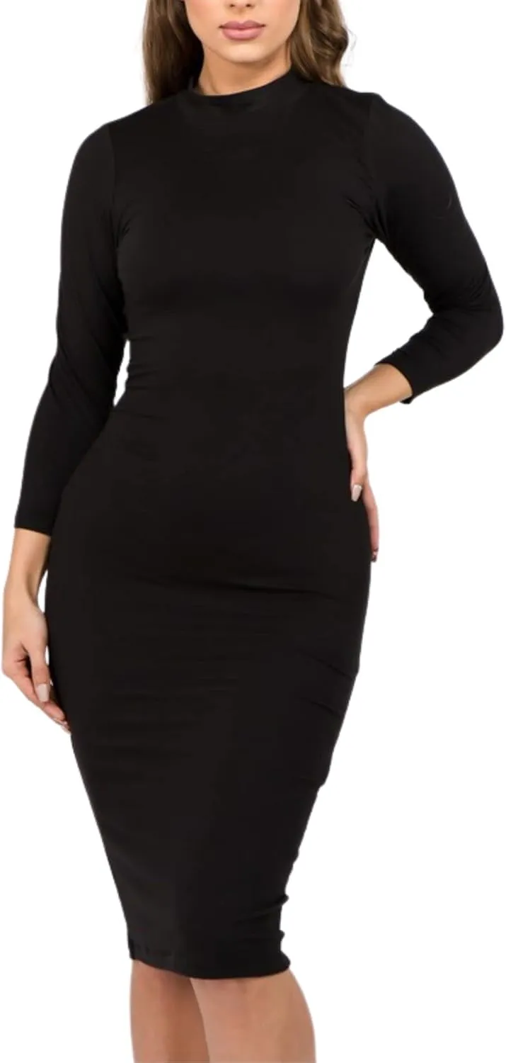 Women's Day & Night 3/4 Sleeves Mock Neck Midi Length Bodycon Dress Ragular/Plus Size