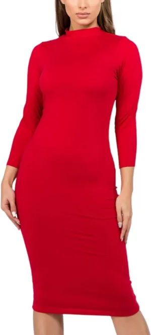 Women's Day & Night 3/4 Sleeves Mock Neck Midi Length Bodycon Dress Ragular/Plus Size