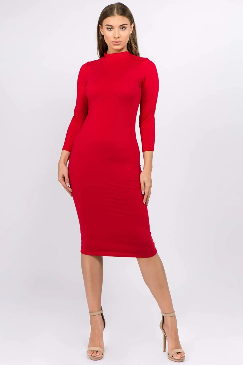 Women's Day & Night 3/4 Sleeves Mock Neck Midi Length Bodycon Dress Ragular/Plus Size