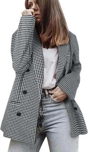 Womens Double Breasted Trenchcoat Plaid Coat Relaxed Blazer Long Sleeve Peak Button Pea Coats Jacket Work Formal Blazer