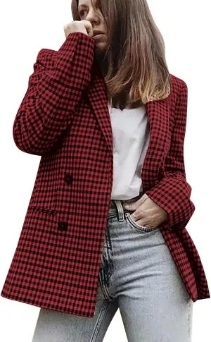 Womens Double Breasted Trenchcoat Plaid Coat Relaxed Blazer Long Sleeve Peak Button Pea Coats Jacket Work Formal Blazer