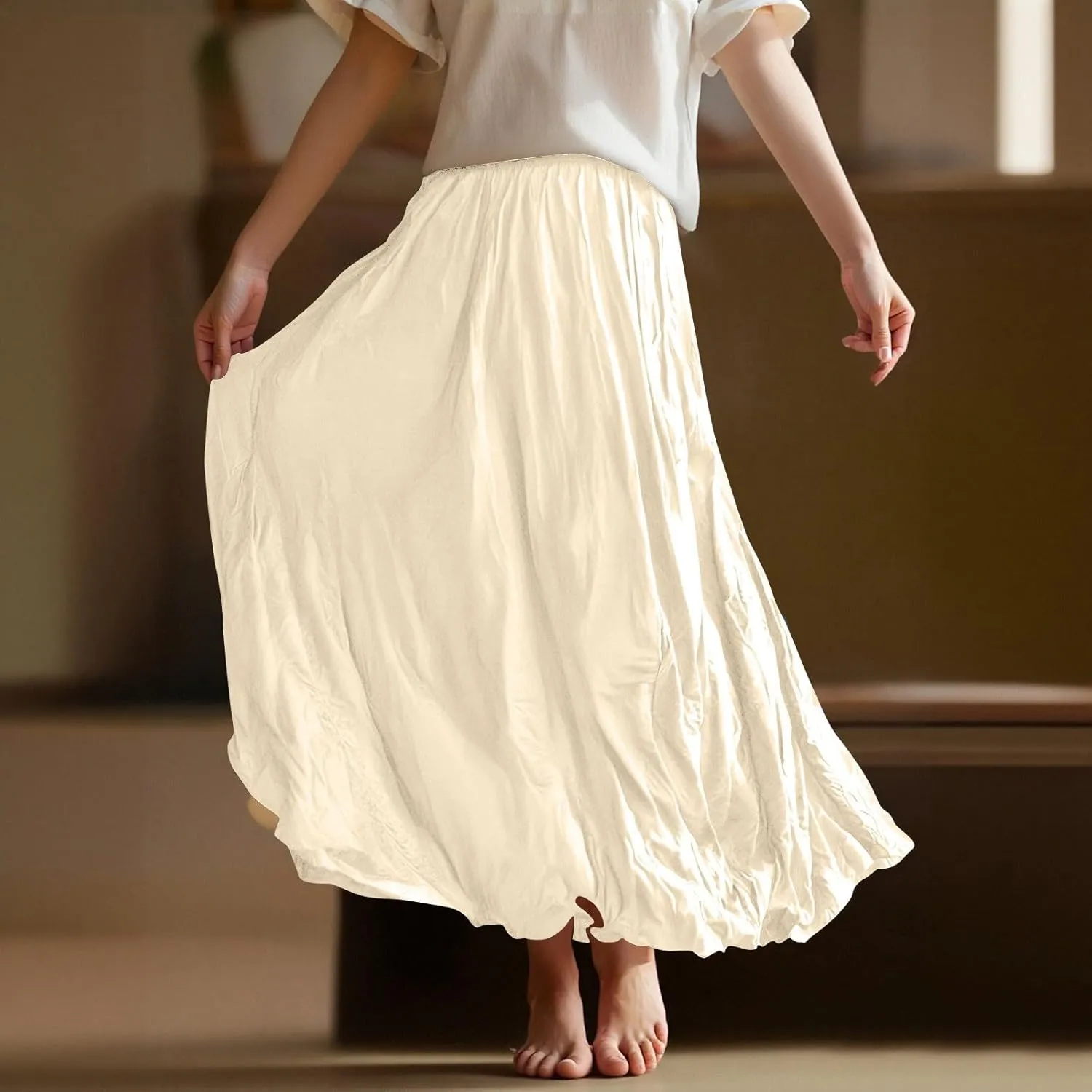 Womens Pleated A-line Maxi Skirt Boho Beach Summer Vacation Long Skirts Elastic High Waist Flowy Casual Long Skirts