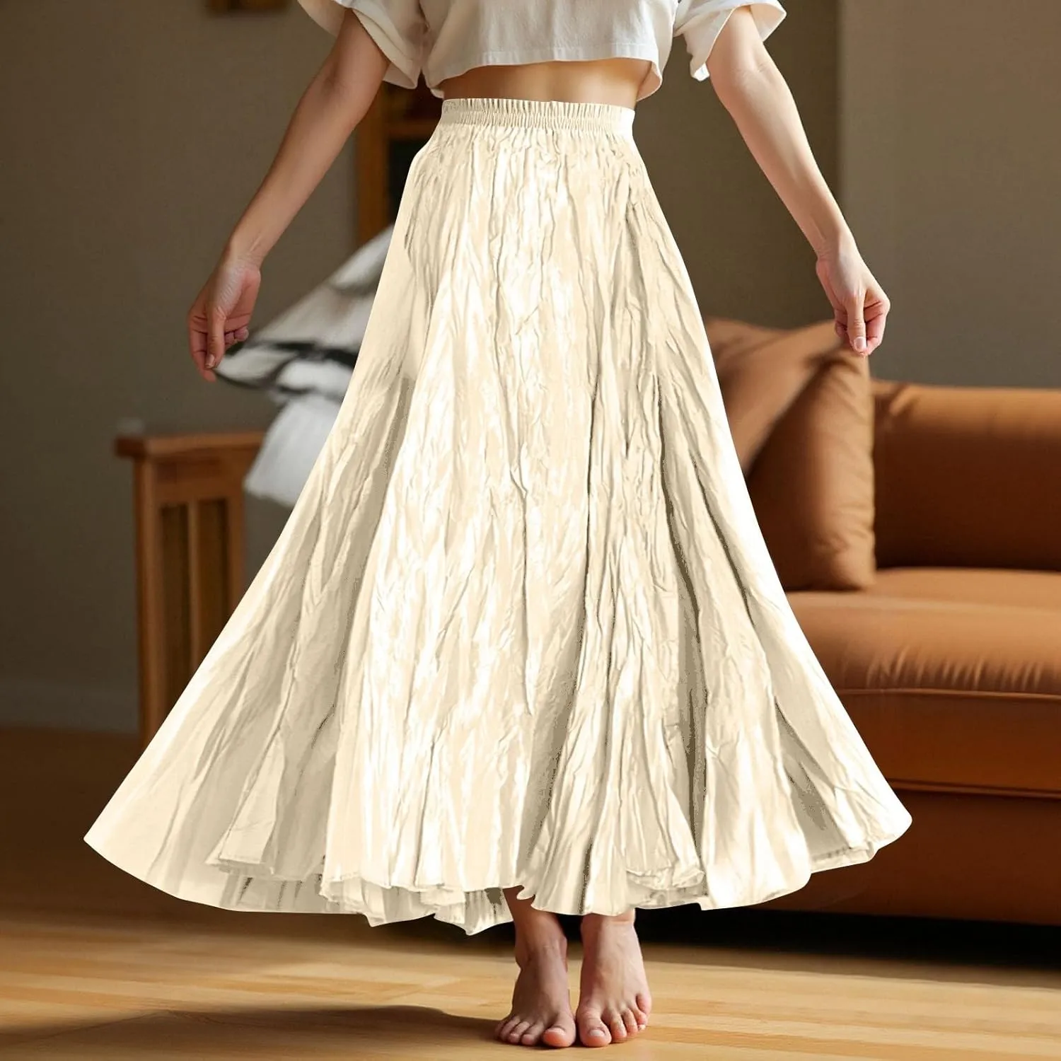 Womens Pleated A-line Maxi Skirt Boho Beach Summer Vacation Long Skirts Elastic High Waist Flowy Casual Long Skirts